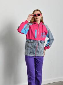 Mixed Fabric Hooded Embroidered Jacket-MADE IN TURKEY - Hot Pink - View 4