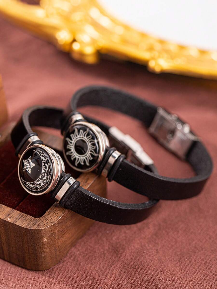 一对时尚欧美风日月图案不锈钢宝石友谊手链，带夜光效果（提示：收到产品后，图案不会发光。请用手电筒照射图案约30秒，即可获得与图片相同的夜光效果）