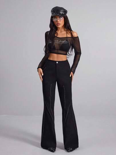 Women's Black Flare Pants, Y2K Dark Punk Style With Rhinestone Decor, Sexy Goth Black Bell-Bottom Trousers, Suitable For Daily Wear, Commute, School, Travel, Streetwear, Music Festivals, Carnivals