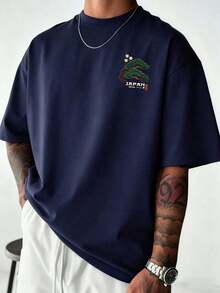 Men's Casual Versatile Simple Japanese Crane Print Short Sleeve-Shirt - Navy Blue - View 3