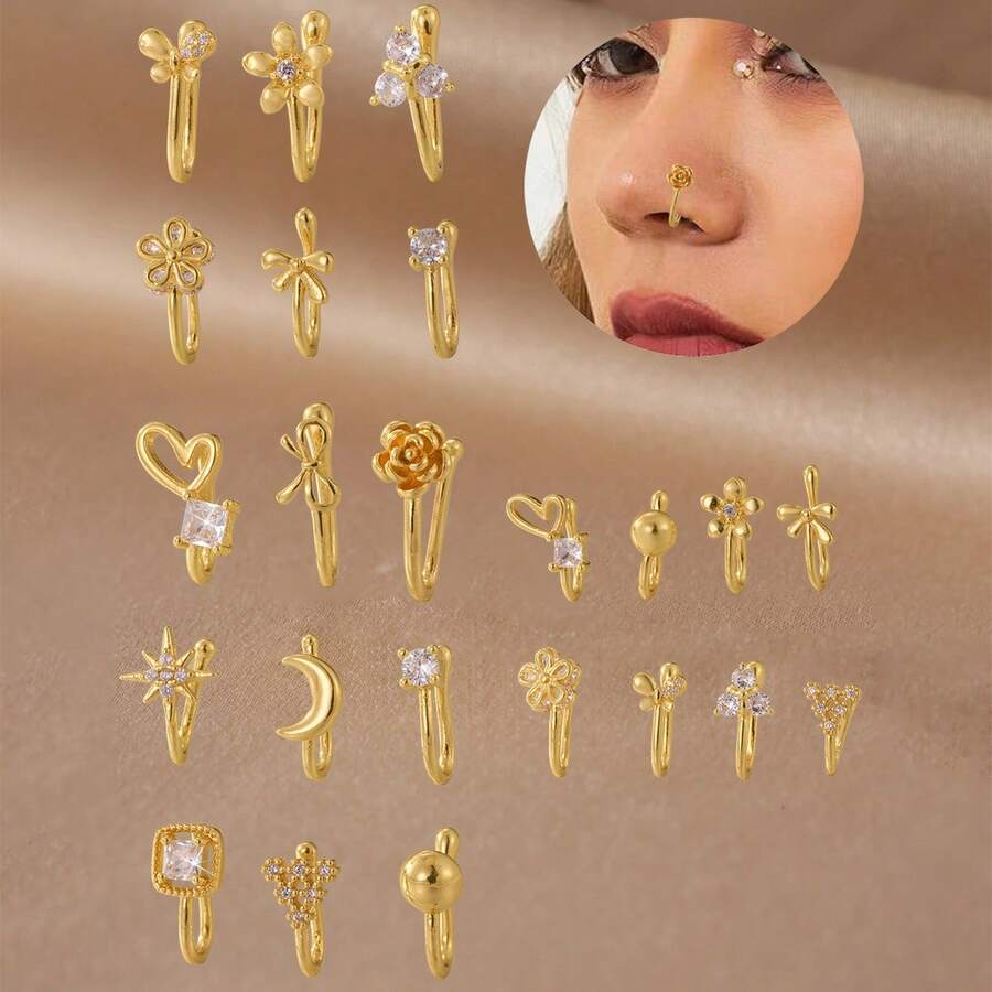 Non-Pierced U-Shaped Nose Clip Copper Micro-Inlaid  Heart Butterfly Flower Small Round Ball Personality Nose Stud For Women - Vàng G - Xem 1
