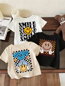 3pcs Baby Boys' Casual Smiling Face Print Round Neck Short Sleeve T-Shirts, Summer Childrenswear - Eye-Catching T-Shirts That Bring Joy And Happiness To Every Child! - Black - View 1