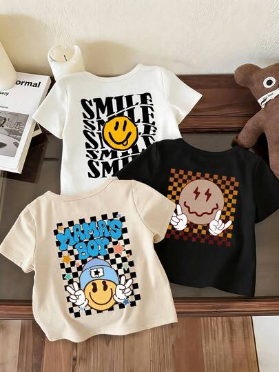 3pcs Baby Boys' Casual Smiling Face Print Round Neck Short Sleeve T-Shirts, Summer Childrenswear - Eye-Catching T-Shirts That Bring Joy And Happiness To Every Child!