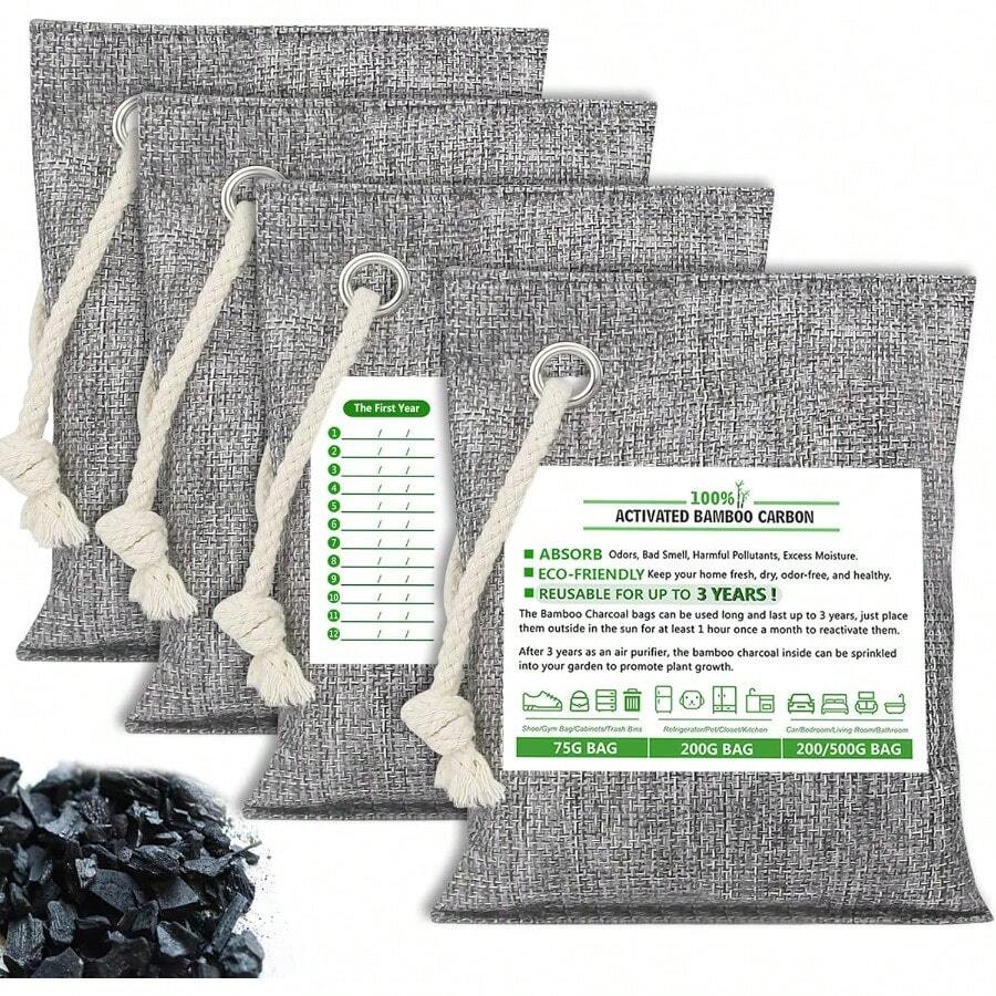 4 Pack Nature Fresh Charcoal Bags Total 800g Odor Absorber Bamboo Charcoal Air Purifying Bags Nature Fresh Charcoal Bag Air Freshener Odors Moisture Absorber For Home Car Pets Room Closet, Dog, Cat, Cat Toys, Winter - 如圖 - 查看 1