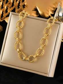 RAYQUEEN 1 Set Nuevo Conjunto de Collar y Pulsera de Acero Inoxidable con Diseño Geométrico de Elipse, Estilo Moda Hip-Hop, Adecuado para Regalo y Uso Diario - Amarillo Oro - Ver 11