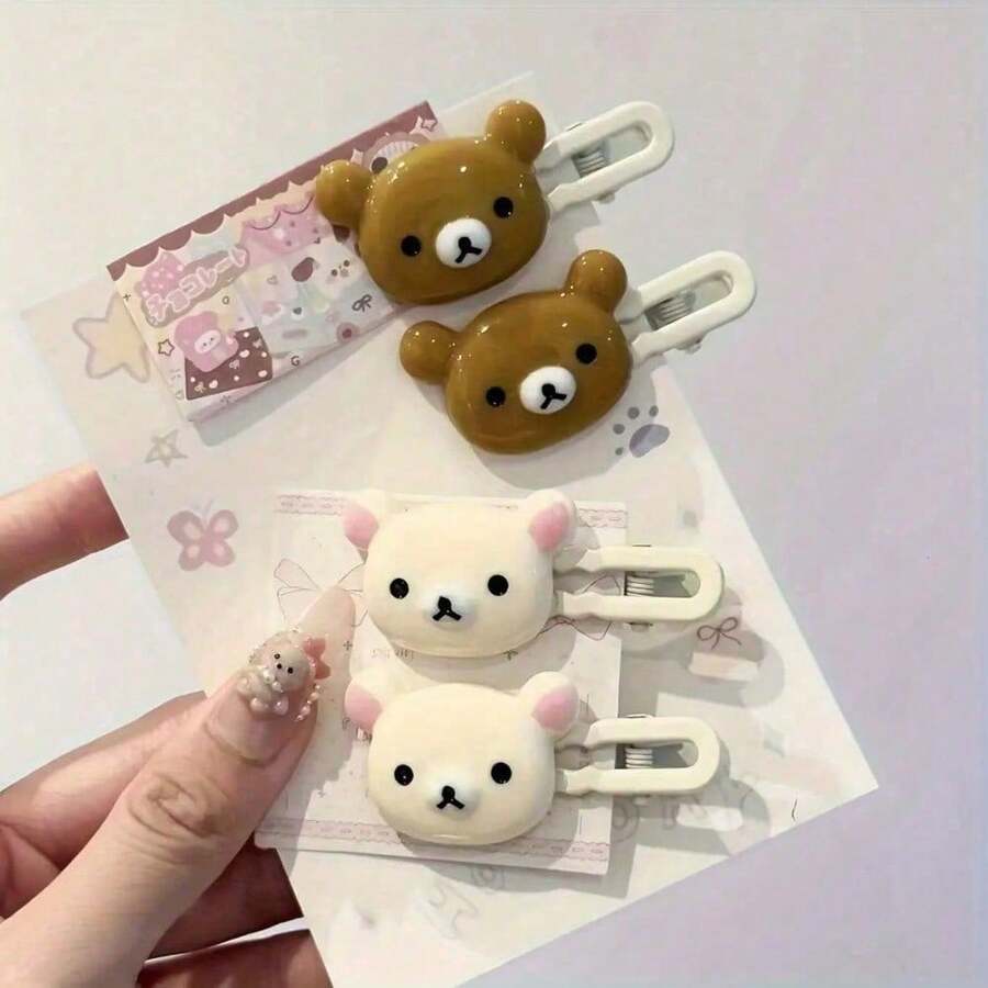 Adorable Cartoon Bear Hair Clips - 4 Duckbill Snap Clips, Transparent Candy Colors| Kawaii Women's Fashion Accessories| Cute Gift Ideas For Her, Friend ( Trending Style!) - 4 隻(2 隻棕色小熊 + 2 隻米色小熊) - 查看 1