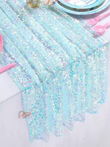 1件闪亮美人鱼亮片桌旗，桌旗，美人鱼生日桌布，生日装饰，生日派对用品，生日桌布，婚礼桌布，婚礼派对用品，派对装饰，家居装饰，派对餐桌中心装饰，派对装饰，生日礼物，派对小礼物，厨房装饰桌旗，装饰品，情人节装饰 - 藍色 - 查看 4