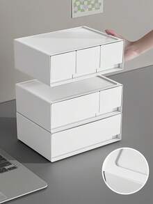 白色塑料抽屉式收纳盒，可自由组合堆叠，桌面整理盒，适用于办公室、学校和桌面杂物收纳。