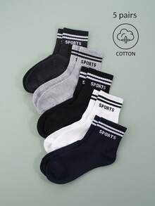 5双男士纯棉字母刺绣袜，舒适简约，适合日常穿着 - 彩色 - 查看 1