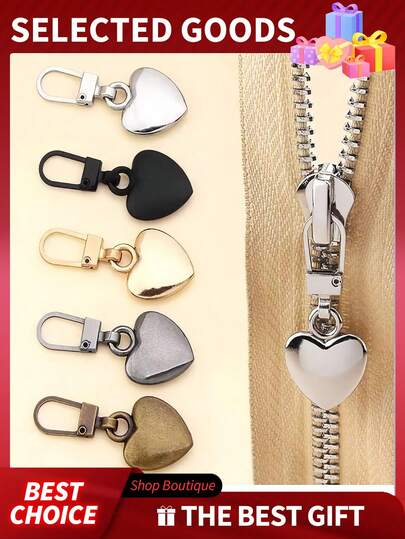 5个心形多用途金属可拆卸拉链头替换维修套装，适用于行李箱、手提包、背包、夹克等。