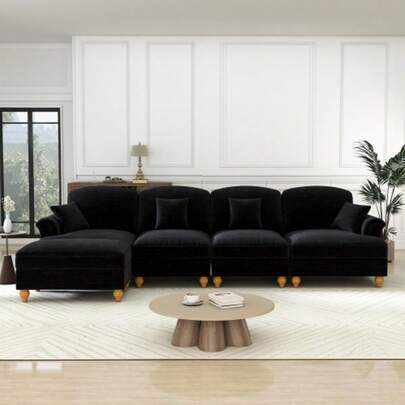 Classic Modular L-Shaped 4-Sitzer Sofa With Chenille With Trichter-Armlehnen, Abnehmbarer Rüschenschürze, Spindelförmigen Beinen & Beweglichem Hocker – Tiefer, Bequemer Sitz Fürs Wohnzimmer,Schw