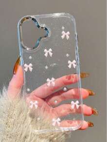 1pc New Fashionable Cute Light Pink Bow With Shiny Silver Frame Transparent Background Epoxy Resin Phone Case, Compatible With 17/17Air/17Pro/17ProMax/16/15/14/13/12/11/X/XS/XR/Mini/Pro Max/Pro/Plus, TPU Soft Full Coverage Phone Case - Pink - View 3