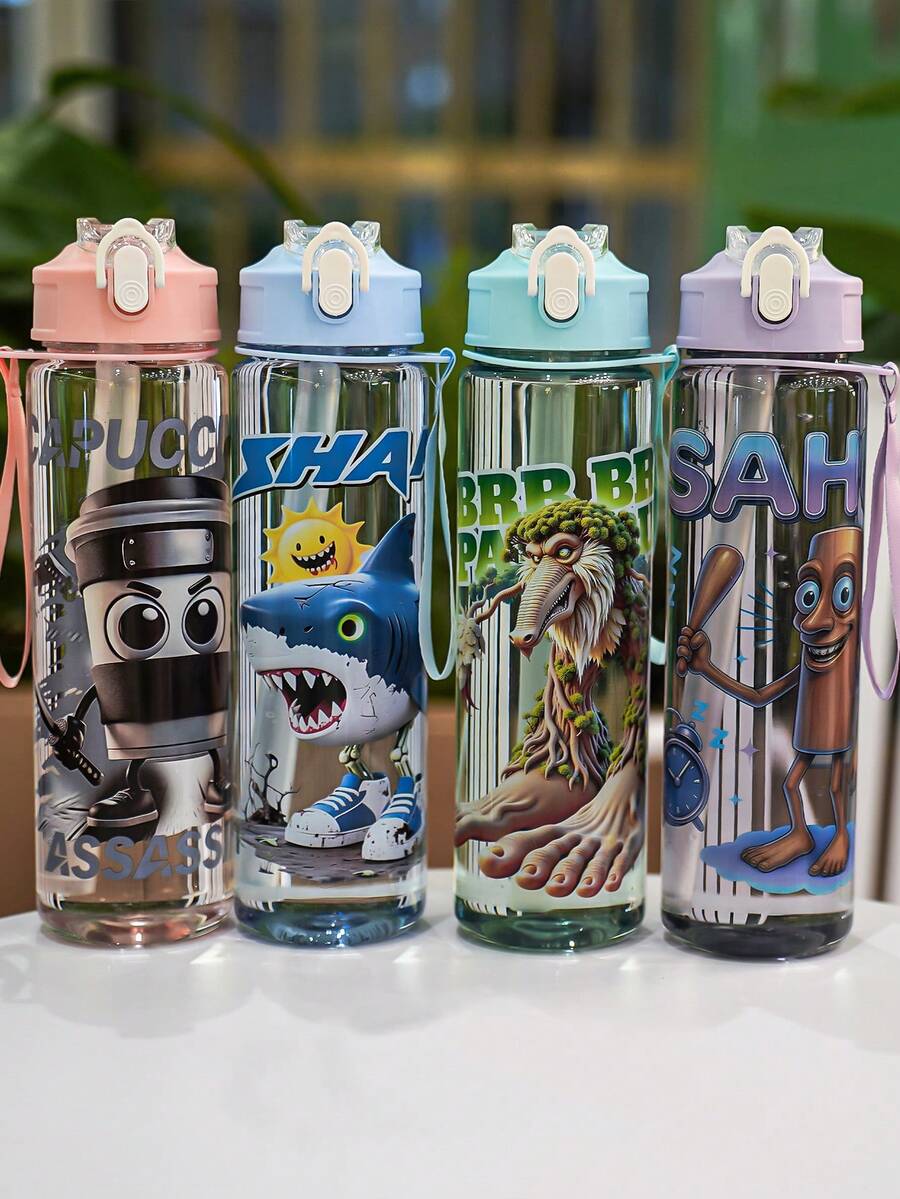 1pc 750ml/26oz Shan Hai Jing Themed Plastic Straw Water Bottle, With Handle Strap, Leak-Proof Mouth, Portable & Durable, Spill-Proof When Inverted, Suitable For Running, Cycling, Travel, Holiday & Birthday Gifts - Multicolor - View 1