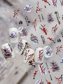 1张冬季梅花美甲贴纸，美甲师必备，3D立体浮雕工艺，墨梅亭阁美甲装饰设计，自粘式美甲贴纸，可重复使用DIY美甲贴纸，女士优雅礼物，美甲用品，精致美甲配饰礼品 - 紅色 - 查看 10