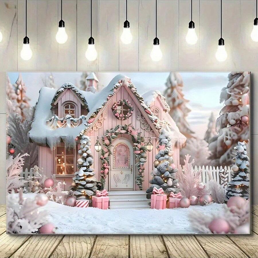 1pc 2D Flat Cheap Wooden Framed Canvas Painting, Pink Christmas Cabin Background Cloth, Cozy Christmas Cabin, Winter Tree And Gift Box Design Photography, Suitable For Party Decoration, Birthday Celebration, Wall Decoration Art Crafts, Room Decoration Aesthetics, Perfect For Room Decor Ready To Hang - 白色 - 查看 1