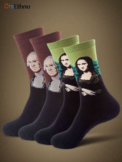 1 Pair Of Men's Art Master Theme (With Mona Lisa/George Washington Classic Portrait Patterns) Cartoon Printed Contrasting Color Breathable Sweat-Absorbing Soft Comfortable Novel Interesting Crew Socks, Cool Gifts For Art-Loving Guys, Brothers, Fathers, Boyfriends On Birthday, Halloween, Christmas, Daily Casual Wear, Fall & Winter Fashion Socks, Unique Aesthetic Statement Socks For Men