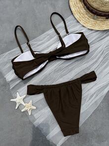 Women's Solid Color Bandeau Ditsy Floral Bikini Set. The Top Is Simple And Elegant, And . Vacation Beach - Brown - View 7