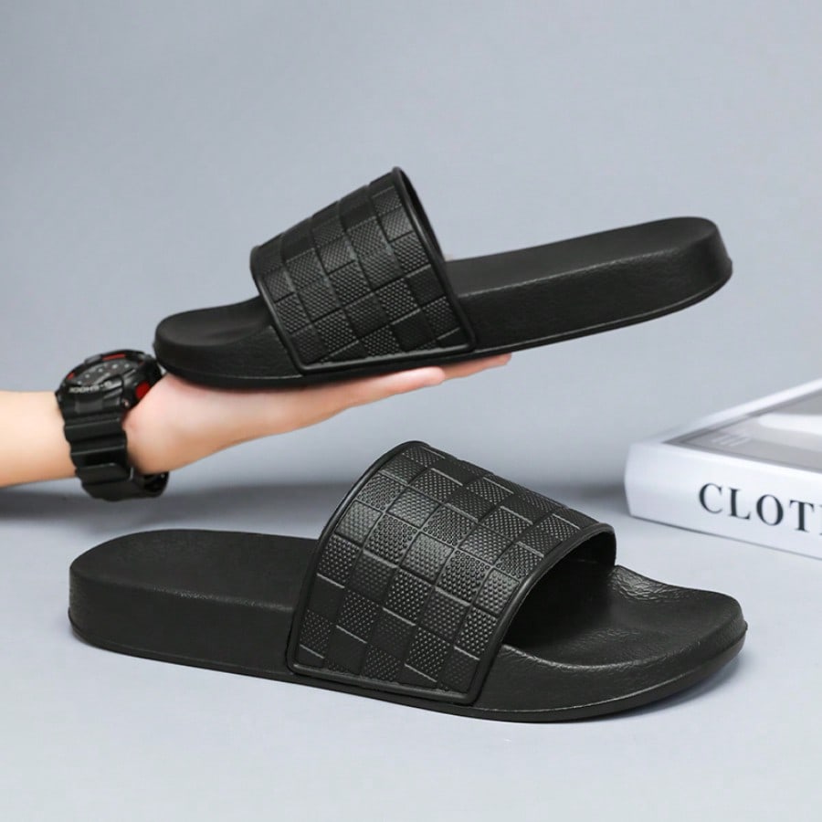 Par (talla 39-48) Pantuflas de hombre de talla grande con estampado de tablero de ajedrez negro y blanco, sandalias ligeras y cómodas de EVA antidesl