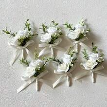 伴娘及新娘捧花、胸花、婚礼配饰、仿真丝玫瑰捧花、婚礼宴会桌中心装饰、家居装饰、新娘 - 白色 - 查看 5