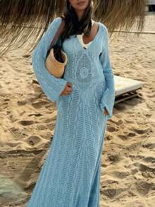 Women's Blue Knitted Semi-Sheer Midi Sweater Dress, Long Sleeve, Suitable For Vacation - Blue - View 3