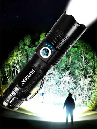 1支超亮聚光LED手电筒，战术手电筒，内置电池，应急露营手电筒，铝合金材质