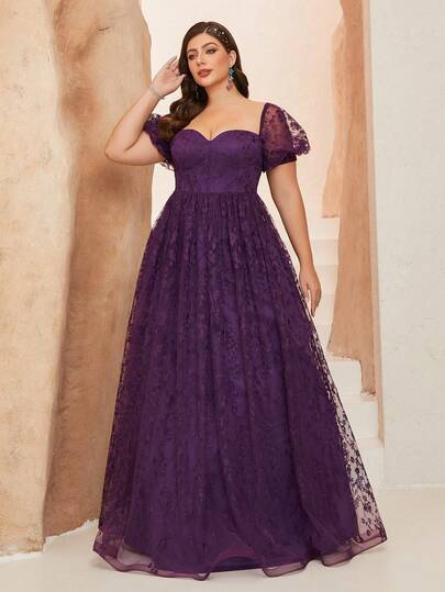 Đầm maxi dáng chữ A bằng voan, cổ trái tim, tay phồng, ren hoa màu tím dành cho nữ cỡ lớn MGIACY, thanh lịch cho mùa hè, dự tiệc cưới, dạ hội, tiệc tùng và các dịp lễ hội.