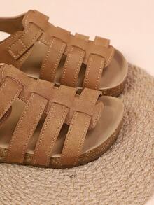 夏季新款儿童软底纯色编织简约时尚平底凉鞋，幼儿鞋 - 棕色 - 查看 7