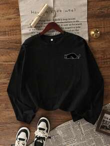 黑色印花圆领长袖T恤，宽松百搭，适合春秋季穿着。 - 黑色 - 查看 5