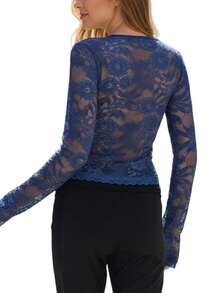 Women Lace Long Sleeve Shirt Top Y2K Square Neck Sheer Mesh See Through Silm Fit T Shirts Crop Tops Spring Fall  Going Out Tops Daily Party Club Streetwear - 藍色 - 查看 3