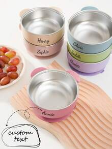 1pc Personalized Customization Name Silicone Children Bowl With Bear Design Removable Stainless Steel Inner Bowl Suction Base Self-Feeding Portable Kids Tableware - Multicolor - View 1