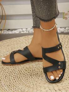 Women's Rhinestone Embellished Criss-Cross Strap Summer Beach Sandals, Non-Slip Outdoor Slippers, Versatile - Black - View 5