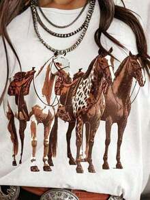 Unisex Casual Women's T-Shirt With Rodeo Horse Print, 100% Cotton - 白色 - 查看 4