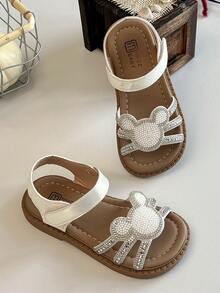 1 Pair Kids Shoes/Children Flat Sandals, Girls White Full Rhinestone Bear Decor Sandals (Shoes Body Decorated With White Full Rhinestone Bear Pattern), Green + PU Material, Non-Slip And Wear-Resistant, Low-Top Buckle Flat Cartoon Fun Sandals For Kids, Suitable For Kids Playing In The Park, Cartoon Theme Parties, Etc. - White - View 4