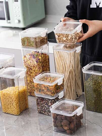 1 pieza Tapa sellada de plástico transparente, recipiente de almacenamiento de frutos secos y granos para la cocina del hogar