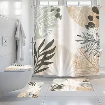 1/3/4 pezzi Set Tenda da doccia, copriwater e tappetino da bagno con stampa vintage minimalista a foglie. Tenda da doccia semplice con stampa a foglie, decorazione per il bagno e la casa, accessori da bagno, tenda per vasca da bagno, copriwater
