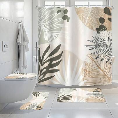 1/3/4件套极简复古树叶印花浴帘套装，包含马桶盖和浴垫，简约树叶印花浴帘，浴室装饰，通用房间装饰，家居装饰套装，浴室配件浴缸帘，马桶盖浴帘