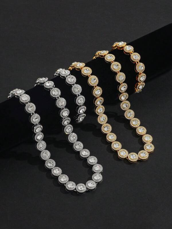 1pc Fashionable Women's Rhinestone Encrusted Round Tennis Chain Crystal Necklace, Shiny Hip-Hop Style Cuban Chain Jewelry, Valentine's Day Gift 2025