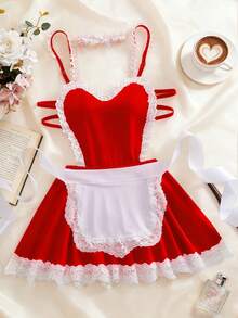 Valentine's Day Surprise Gift 3 Pcs Women's Sexy Lingerie Set Adjustable Straps Lace-Panel Halter Dress & Lace Choker & Solid-Color Apron Comfortable Homewear Cosplay Uniform Set