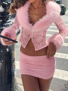 2pcs/Set Valentine's Day Pink Sexy Women's Outfit, Heart Faux Fur Collar Lace Semi-Sheer Blouse & Pleated Elegant Pink Mini Skirt, Suitable For Dates, Gatherings, Parties, Vacation - Pink - View 1