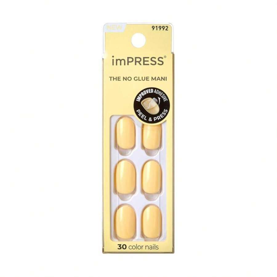 KISS ImPRESS Press-On Manicure Fake Nails, Lemon Zest - Short Length Butter Yellow, Round Shape, Polish-Free Solid Color Mani, Includes Prep Pad, Mini File, Manicure Stick, And 30 Fake Nails - trắng - Xem 1