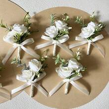 伴娘及新娘捧花、胸花、婚礼配饰、仿真丝玫瑰捧花、婚礼宴会桌中心装饰、家居装饰、新娘 - 白色 - 查看 6