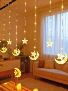 Dây đèn LED 82 bóng, dài 2m/6.56ft, đèn trang trí rèm hình sao và trăng, chạy bằng pin, đèn trang trí nhà cửa trong nhà, thích hợp cho đám cưới, tiệc tùng, ngày lễ, phòng ngủ, trang trí tường. - Nhiều màu - Xem 14