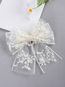 1pc Elegant Fashion Lace Bow Hair Clip, Suitable For Girls And Teenagers, Floral Print Hair Clip With Pearl Crocodile Clip Decor, Delicate Floral Print Hair Barrette, Bow Hair Clip For Party, Women's Daily Hair Accessory, Claw Clips, Hair Slide, Hair Barrettes - Multicolor - View 5