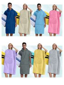 1pc Hooded Surf Poncho, Reversible Zipper Hooded Towel, Extra Large Hooded Wetsuit Changing Robe With 2 Side Pockets And Sleeves, Made Of Super Soft Microfiber Towel Fabric, Suitable For Home, Beach, Pool, Bathroom - Multicolor - View 8