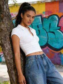 Spring And Summer New POLO Collar Button Short-Sleeved Tight Sports Waisted Versatile Tops Long Sleeve Tops Tops De Mujer Elegantes - trắng - Xem 4