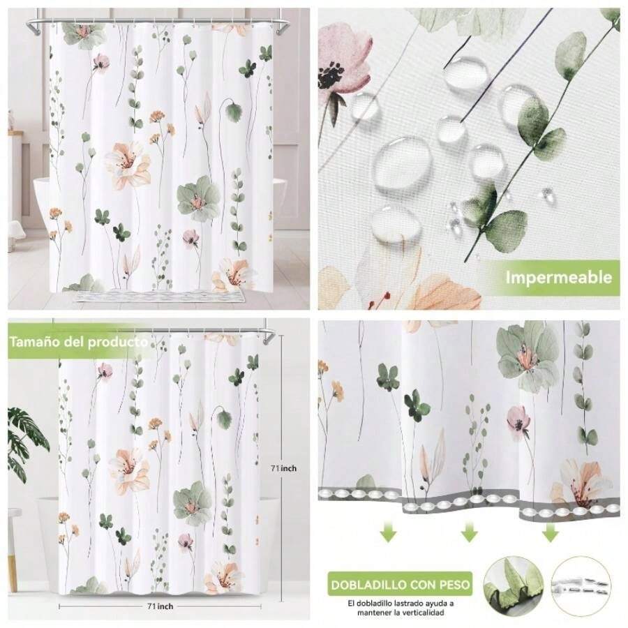 Cortina De Ducha Floral Verde, Cortina De Ducha Floral Colorida para Bao, Juego De Cortina De Ducha De Tela Impermeable, Decoracin De Bao con 12 Ganchos De 71 X 71 In Flores Verdes - flores verdes - Ver 1