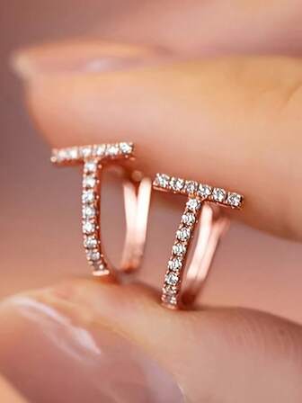 1 par dammodeörhängen, roséguldformade T-formade örhängen, minimalistiska personliga örhängen, örhängen med syntetisk zirkonia, eleganta och charmiga örhängen