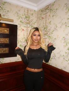 Bluzka z dzianiny w jednolitym kolorze z koronką i patchworkiem, odpowiednia na co dzień, do biura, na randkę, do uprawiania sportu i fitnessu, na jesień