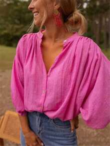 Women's Elegant Light Ruffle Sleeve Button Down Blouse, Spring Summer Loose Casual Chiffon Shirt With Pleated Bell Sleeves, Polyester Fabric, Classic Collar Design - Rose Red - View 3