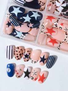 96pcs(4mixed) Eightball Nails Short Oval Leopard Print Nails ,Striped, Cherry Nails And Star Nails Design French Acrylic Press On Nails Short Perfect Fit False Nail Set, Include: 1pc Jelly Glue And 1pc Nail File, Star Nails And Eightball Short Nails Make Your Fingertips Shine And Beautiful,Very Suitable For Parties, Dancing And Daily Use - Multicolor - View 3